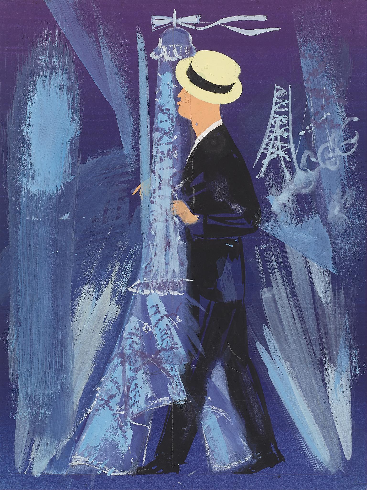 Eiffel Tower with Maurice Chevalier. PARIS . - Art by James Rassiat