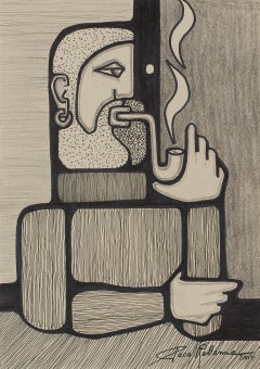 Le Fumeur de Pipe Drawing, Art Deco, Graphite & Felt on Paper, 2004