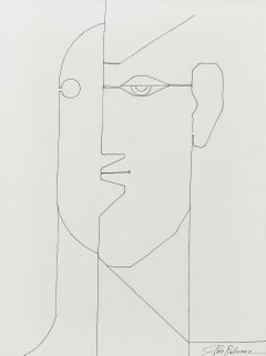 Visage Drawing framed on Archival Paper, Art Deco Style, Signed circa 1990