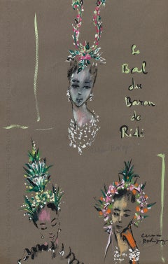 " Le Bal des Têtes" Drawing, Art Deco Gouache on Archival Paper, Framed