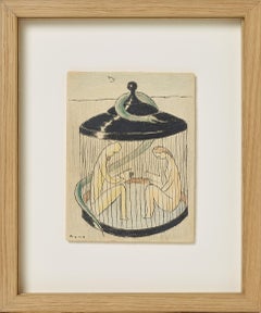 " La cage " surrealist drawing on paper hommage à Jean Paulhan