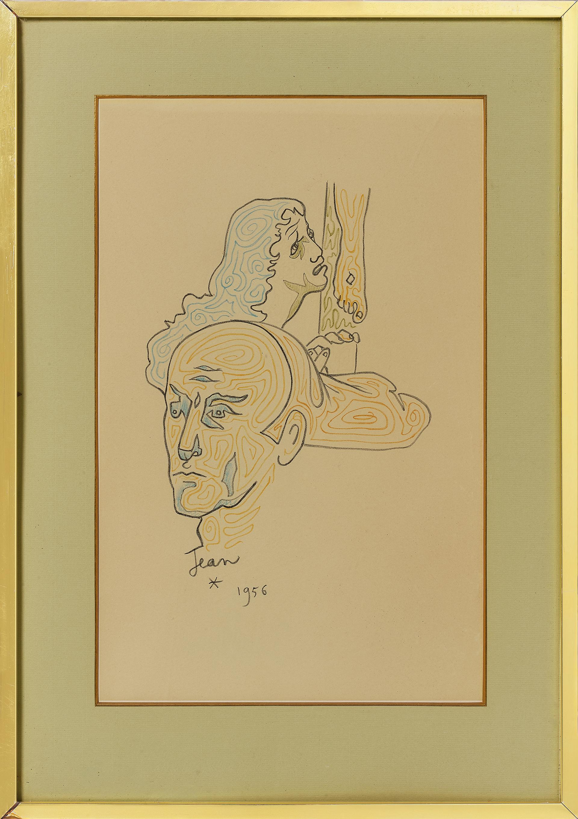 Dibujo de autorretrato, estilo Art Déco, papel de archivo, hacia 1950