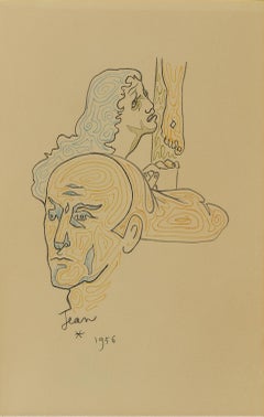 Disegno di autoritratto, stile Art Déco, carta d'archivio, intorno al 1950