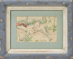 Dessin de Loulou et Sarah, au crayon et au pastel, signé 1935, cadre d'époque