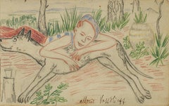 Dessin de Loulou et Sarah, au crayon et au pastel, signé 1935, cadre d'époque