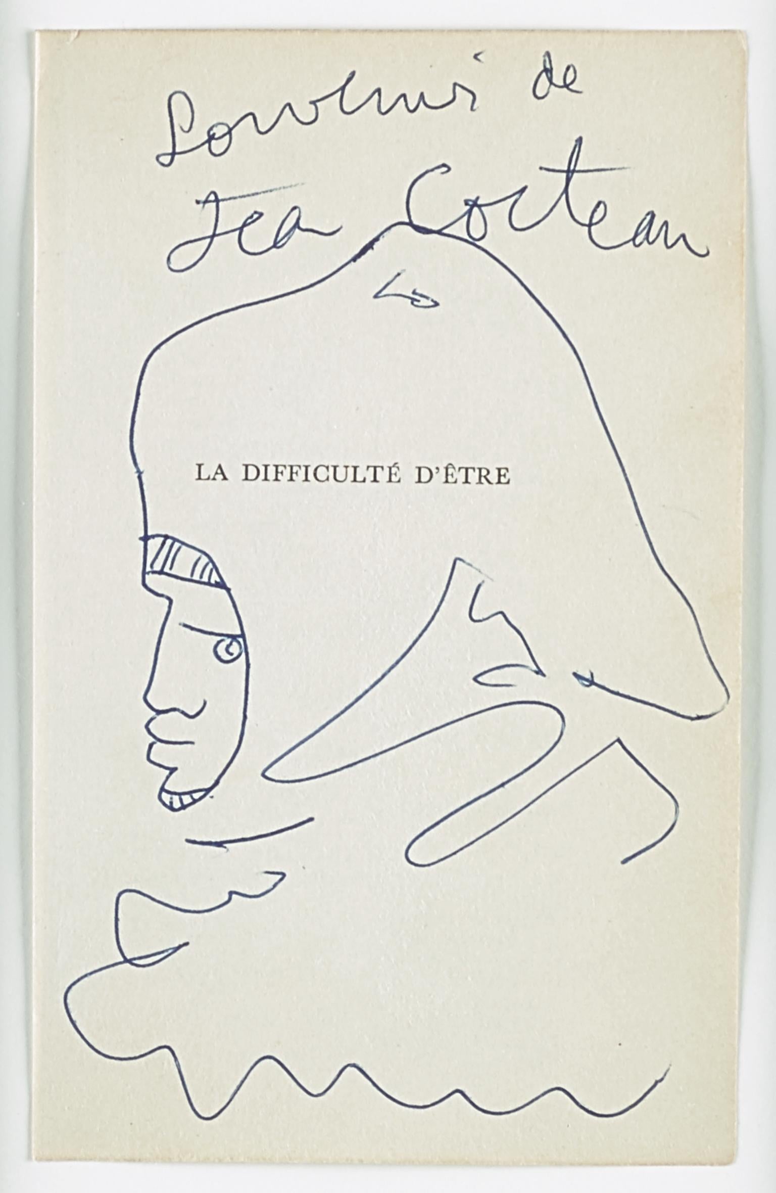 Jean Cocteau Portrait - original drawing " Tête de chevalier  "." night's head in profile ".certified .