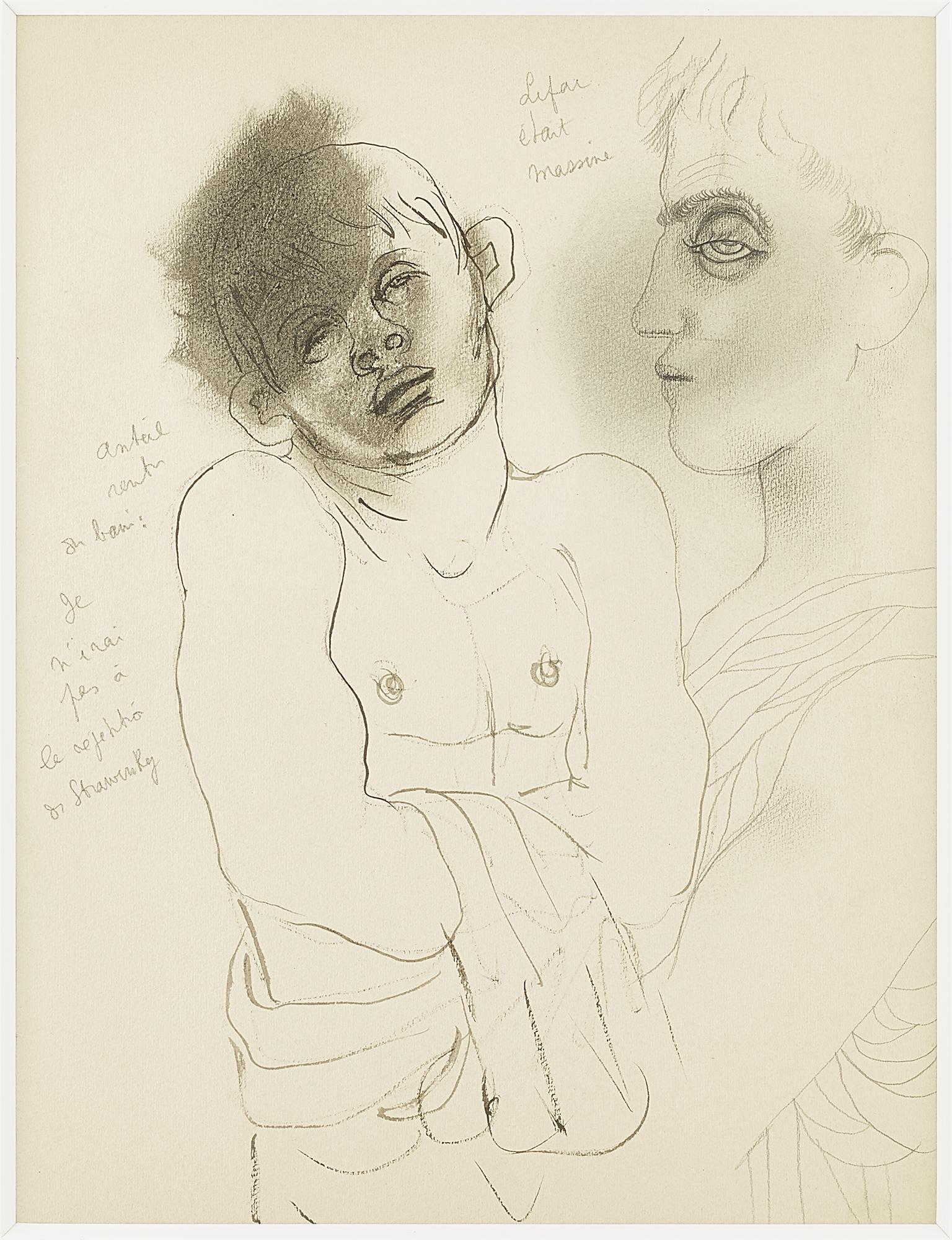 Jean Cocteau Portrait -  " Lifar était Massine " original drawing ." two characters " .certified .