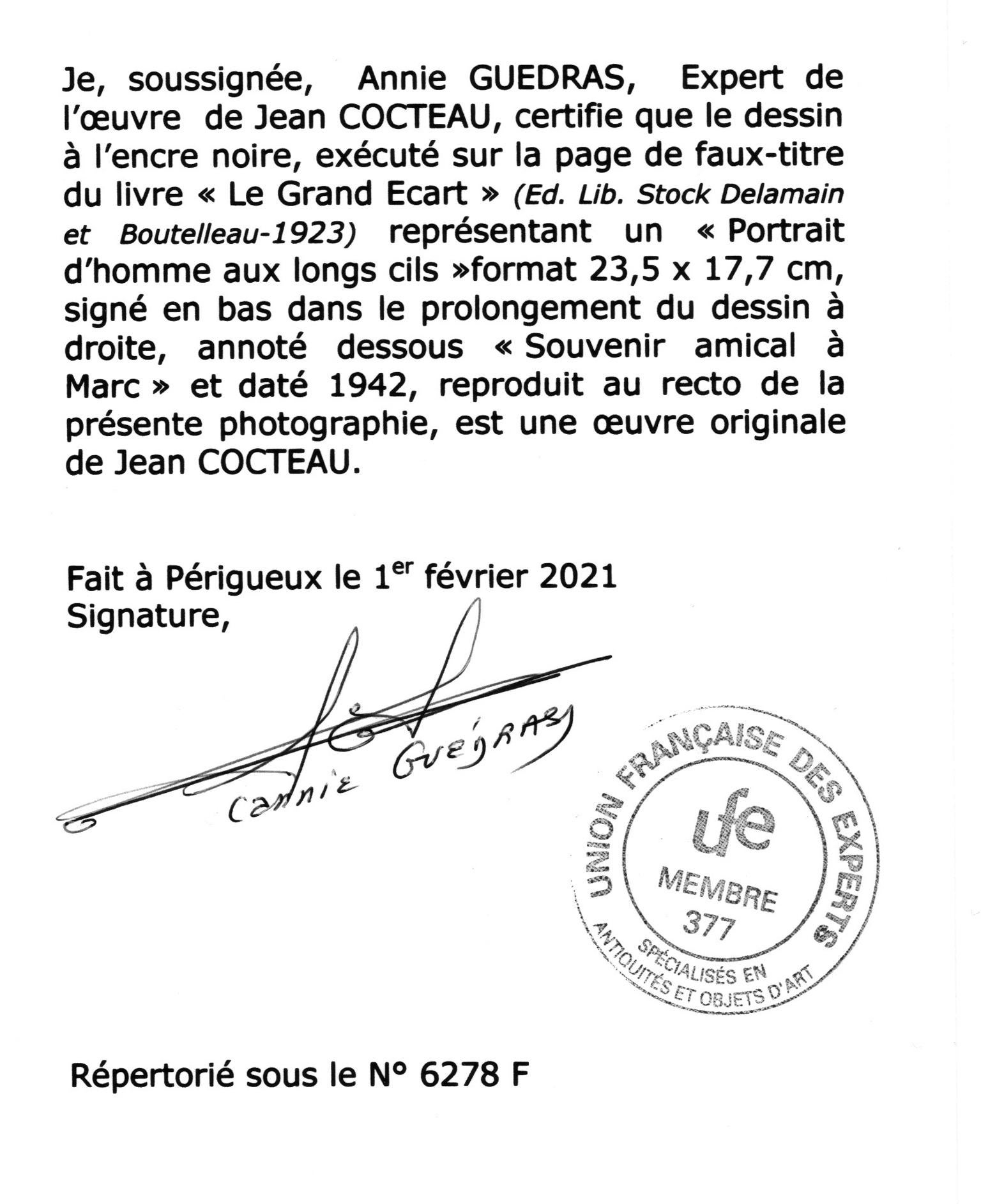 „portrait d'homme aux longs cils“ von Jean Cocteau . zertifiziert im Angebot 7