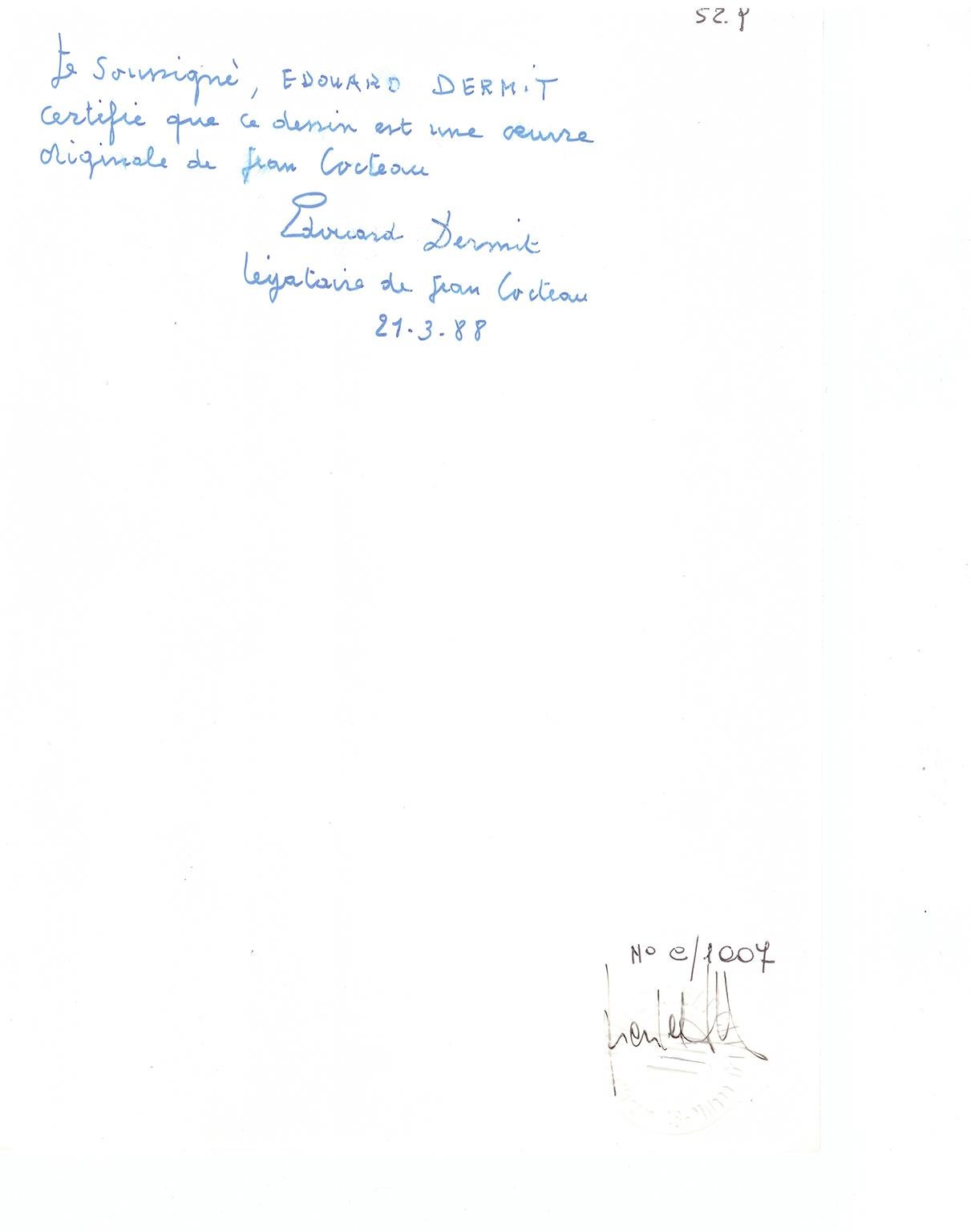 dessin original de Jean Cocteau  de la collection Edouard DERMIT . 
signé et daté 1957 . encadré .