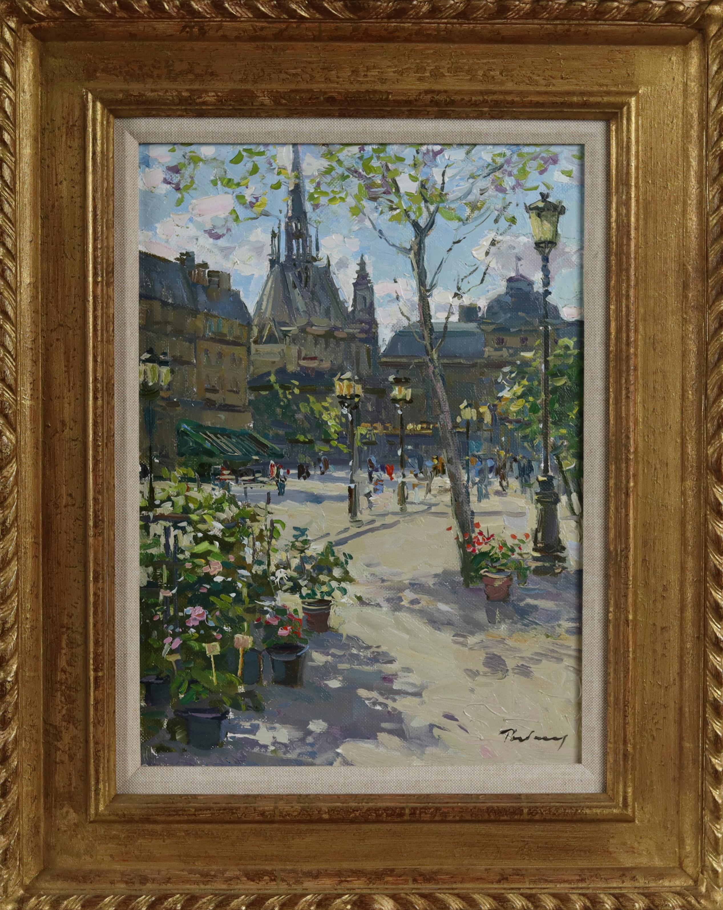 Irina Ribakova Landscape Painting - A Street Market in Place de la Cite, Paris
