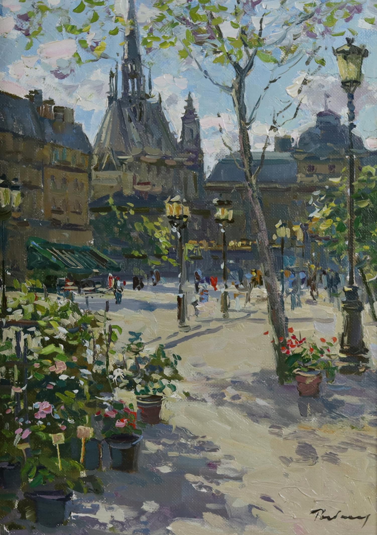 A Street Market in Place de la Cite, Paris - Painting by Irina Ribakova