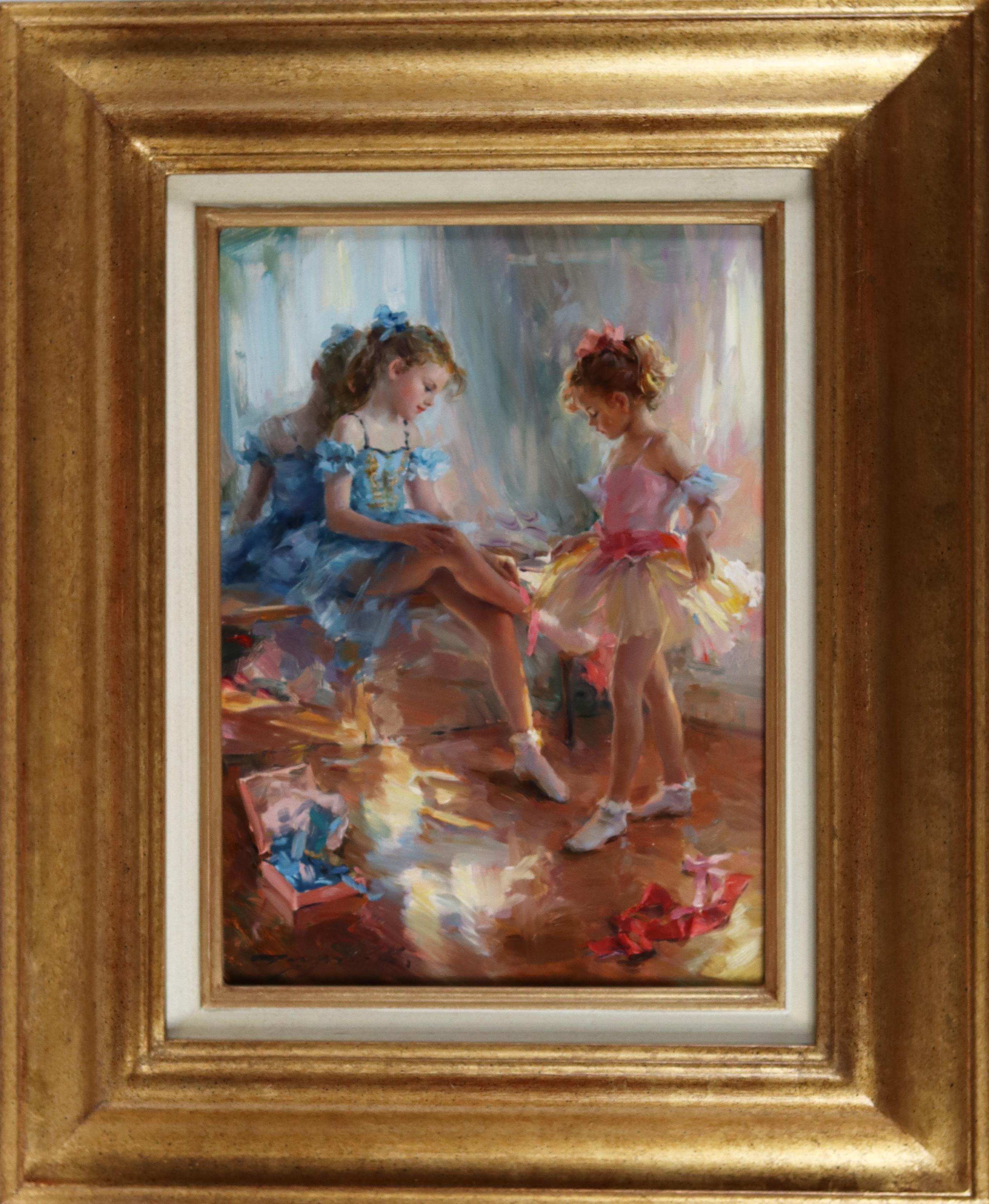 Young Girls waiting for a Ballet Performance - Painting by Konstantin Razumov 
