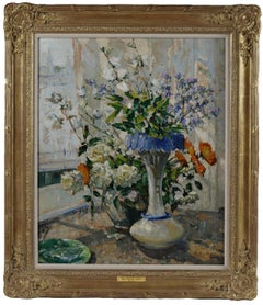 Still Life of Roses and Summer Flowers beside a Window
