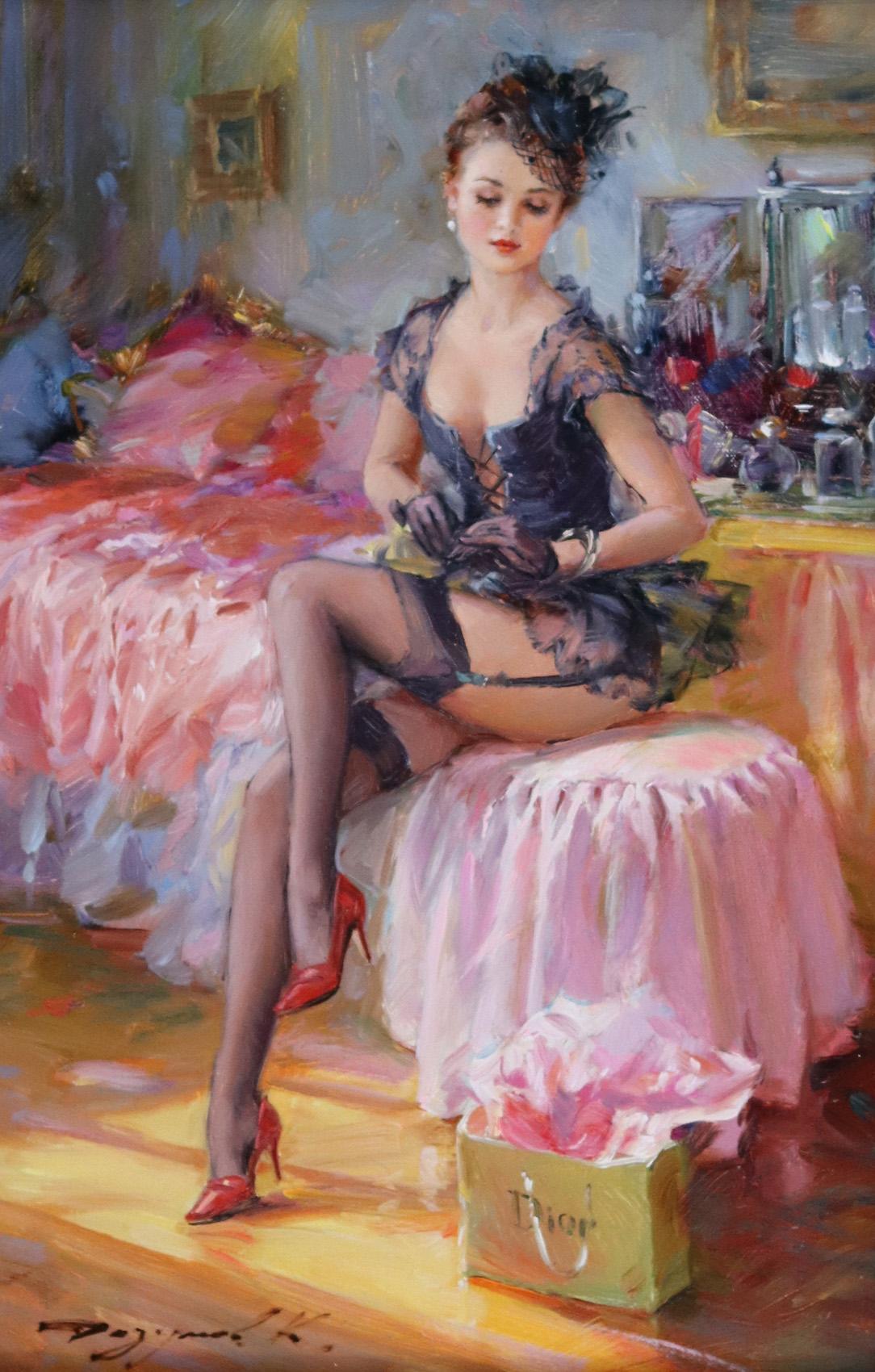 Konstantin Razumov  Portrait Painting – Eine junge Dame in Unterwäsche in ihrem Schlafzimmer