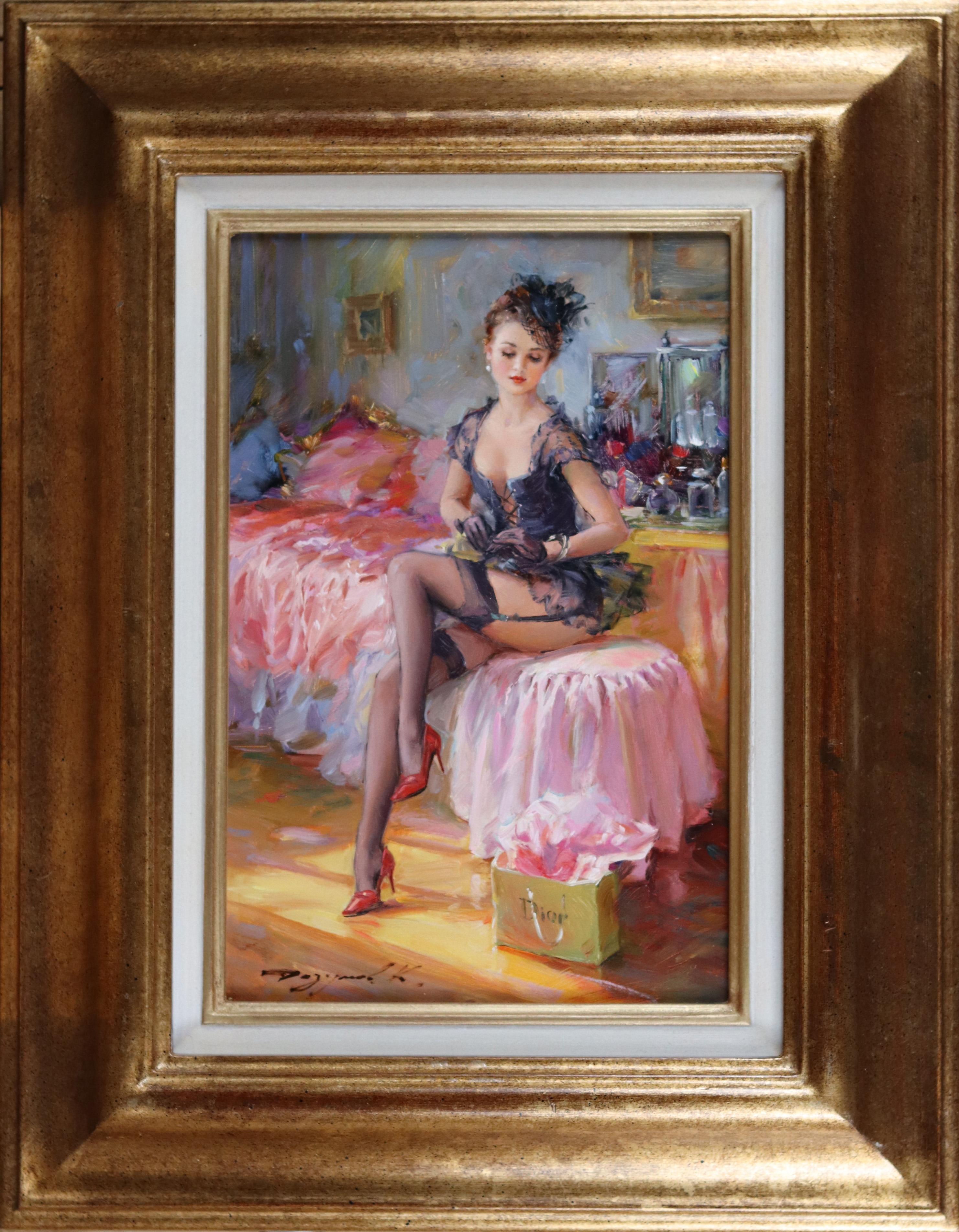 Eine junge Dame in Unterwäsche in ihrem Schlafzimmer – Painting von Konstantin Razumov 