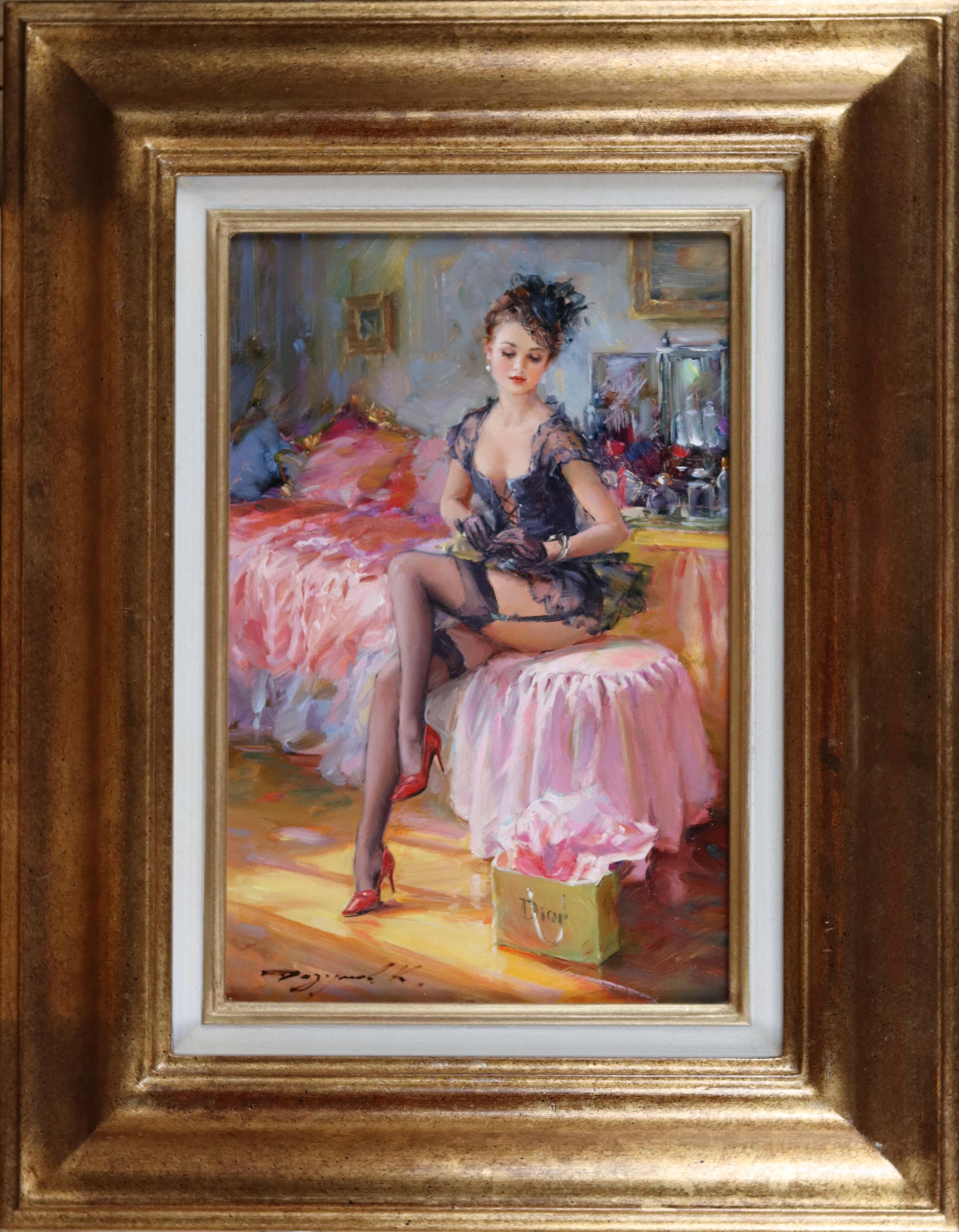 Une jeune femme en lingerie dans sa chambre - Painting de Konstantin Razumov 