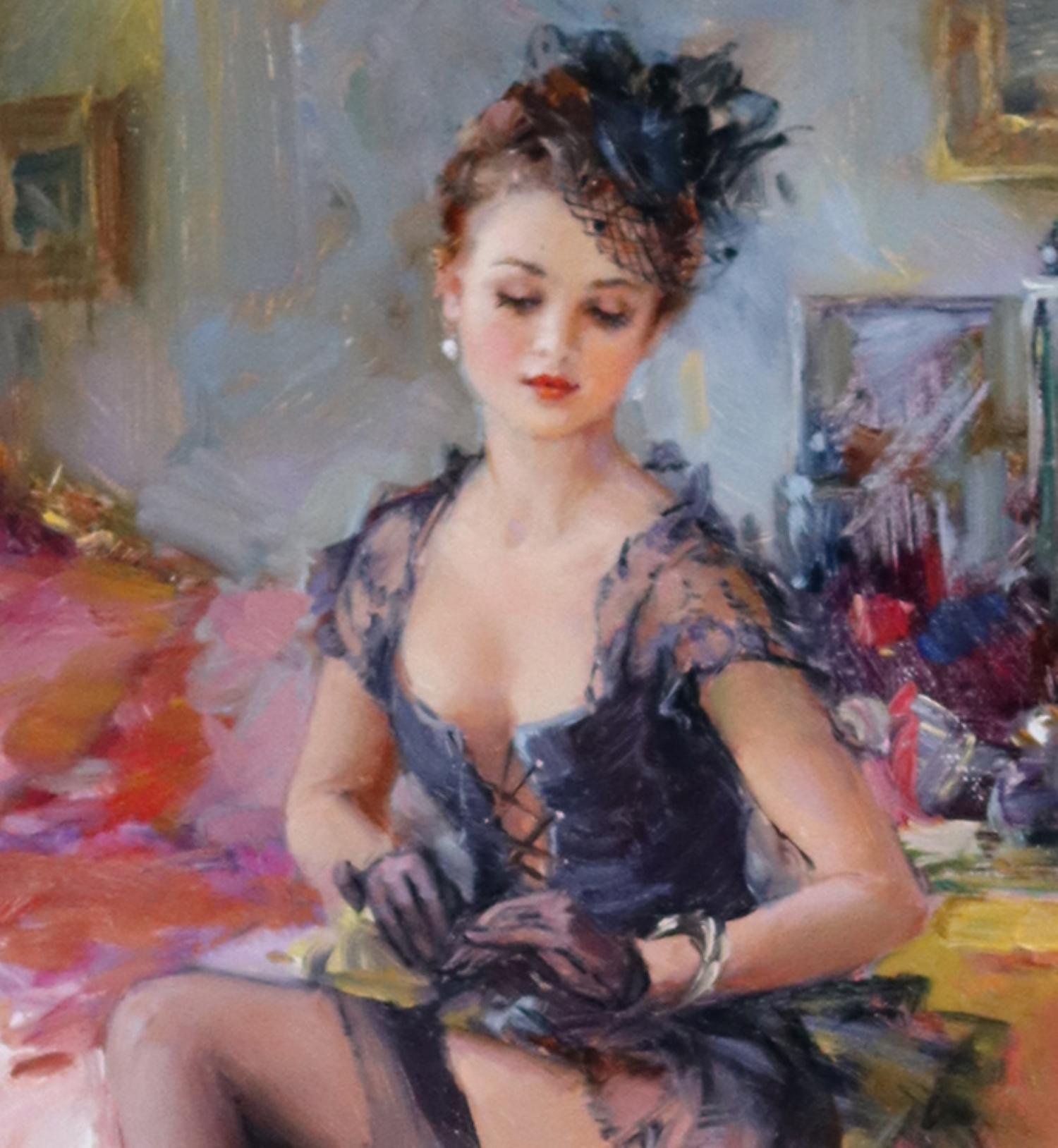 Une jeune femme en lingerie dans sa chambre - Impressionnisme Painting par Konstantin Razumov 