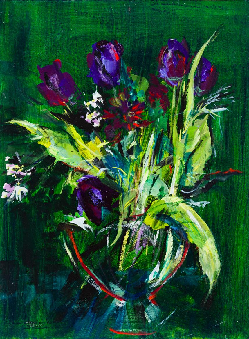 Tuëma Pattie, Hyacinths and Purple Tulips, Acrylic on Board