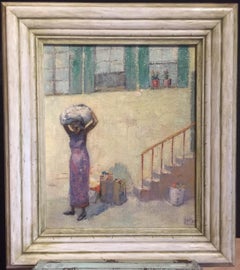 1934 "Laundry Day" Attr. Isaac Muse Peinture à l'huile moderniste américaine