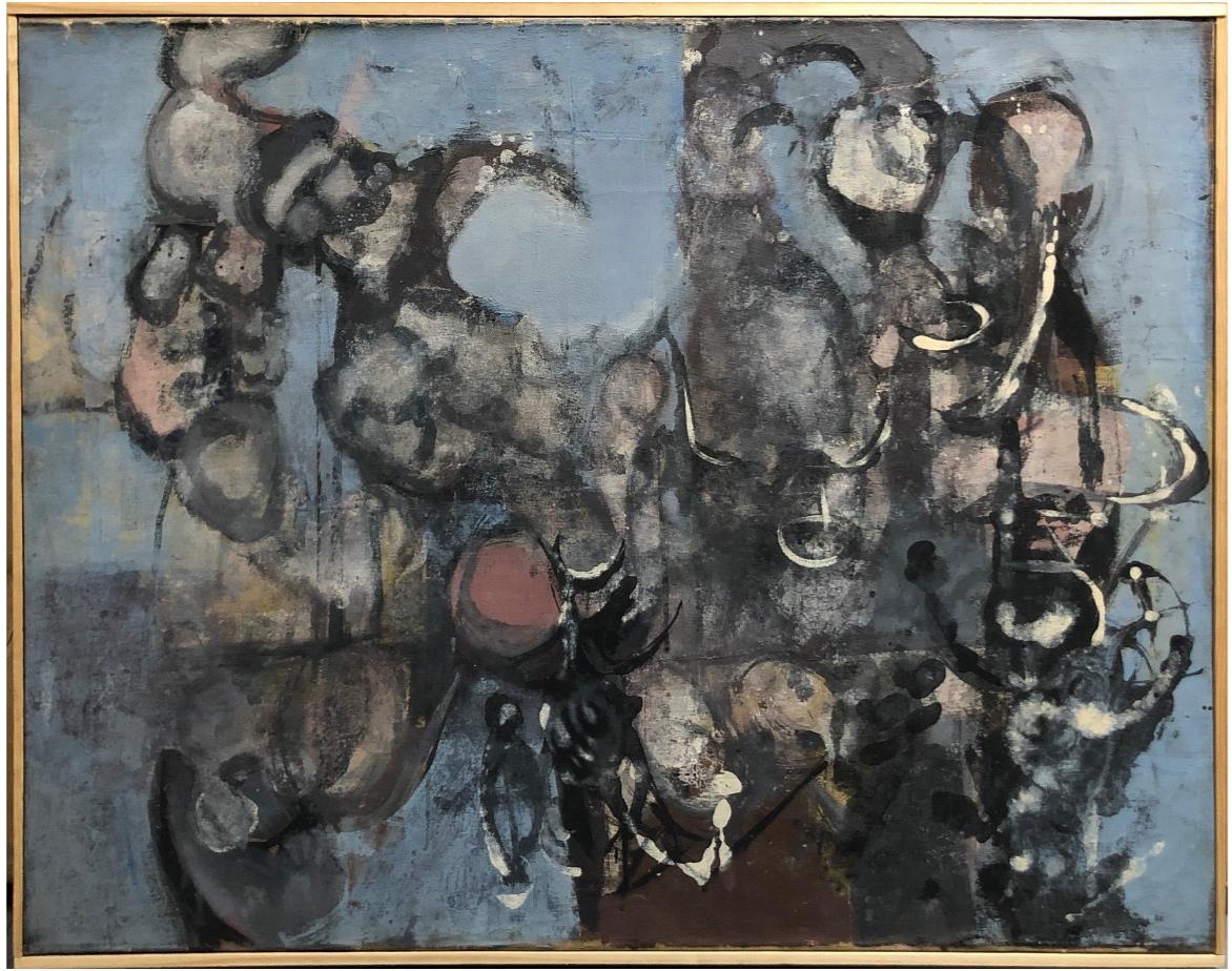 George Jay Rogers Abstract Painting - 1950s "Blue Bubbles" Mid Century Abstract Oil Painting NYC Artist