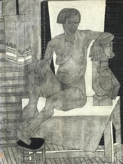 1929 "Nudo con scultura cubista" Disegno di nudo femminile a carboncino Artista UCBerkeley