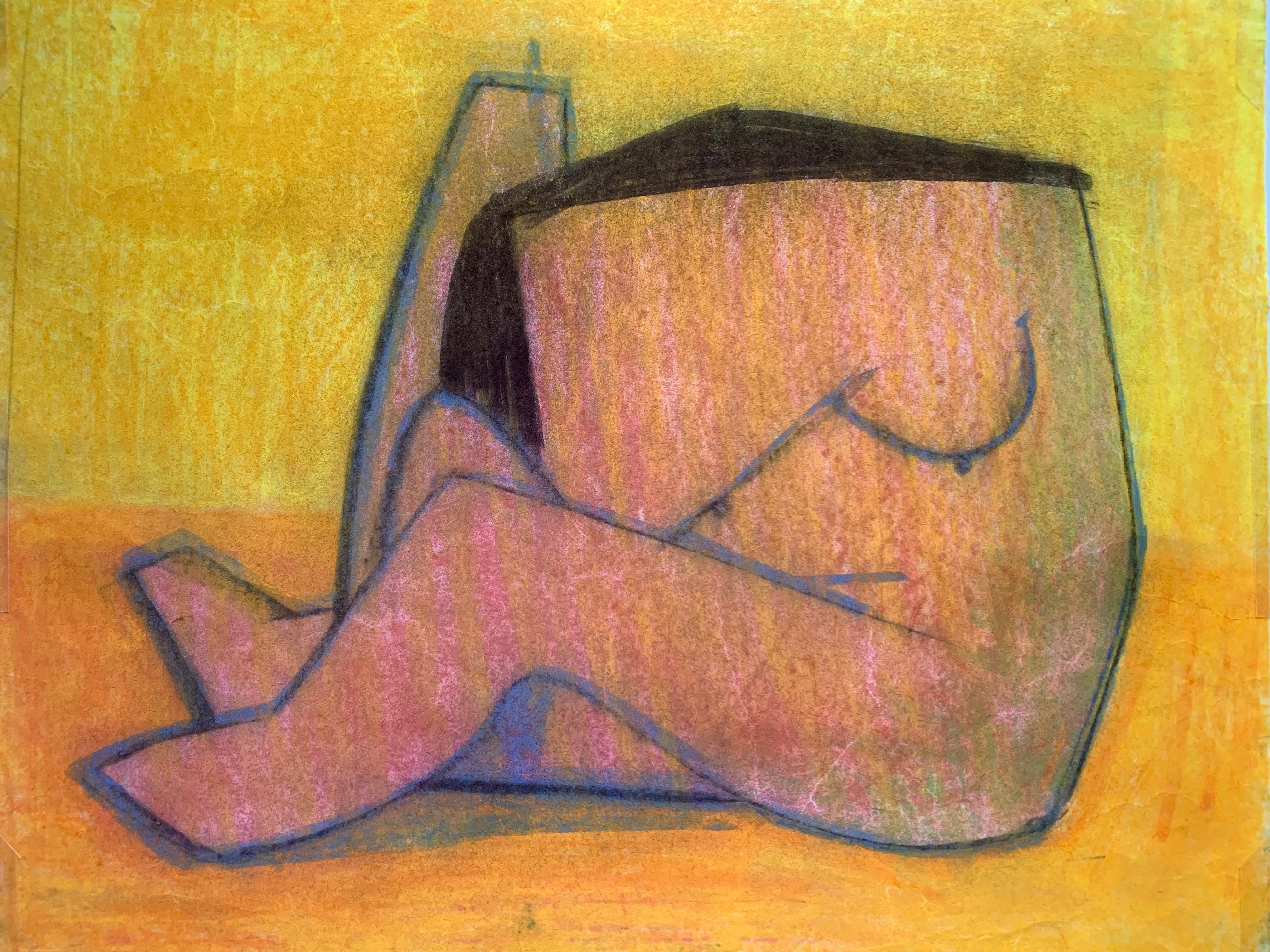 1970s "Orange Abstract Figure" Pastel Female Nude Drawing Benoit Gilsoul 