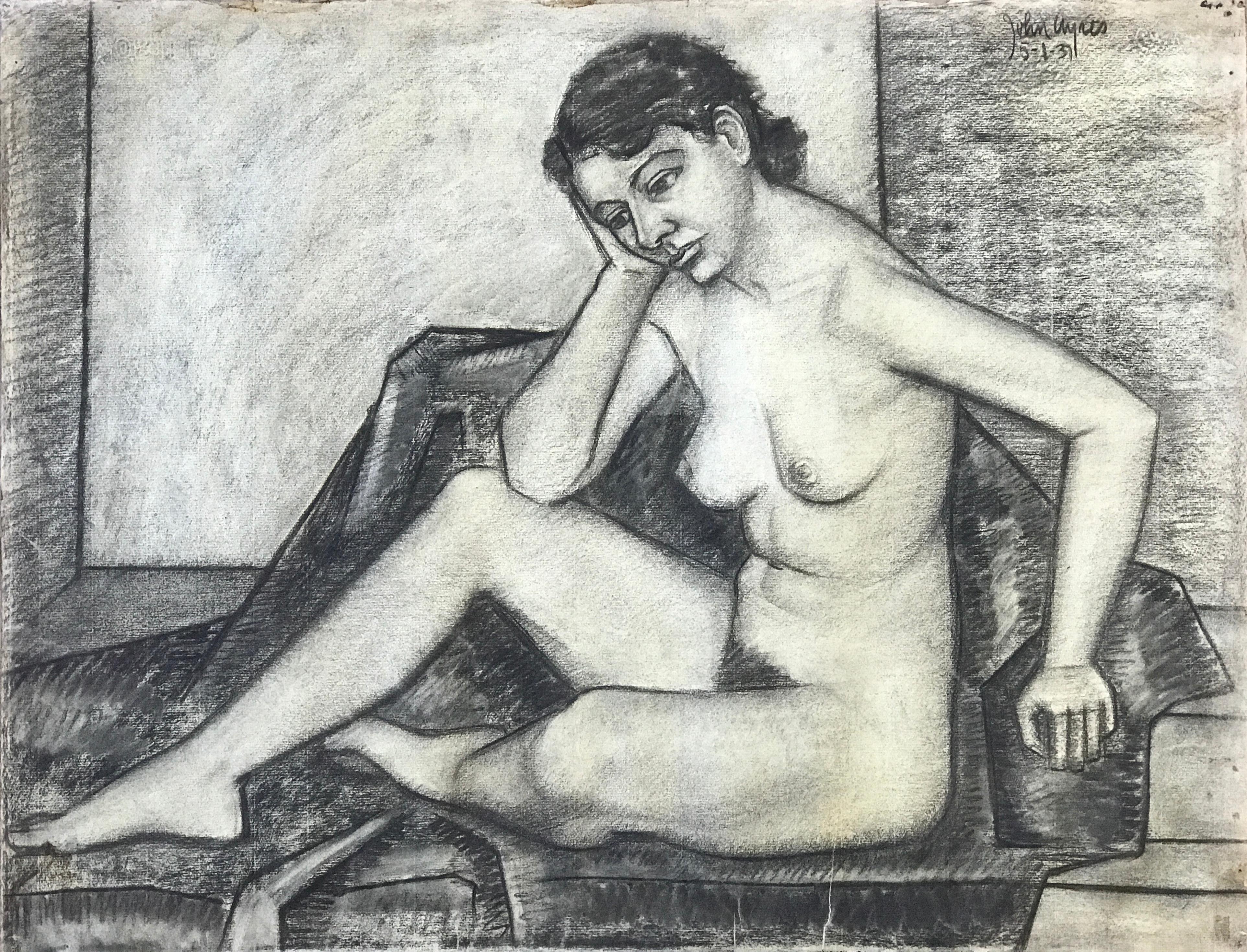 1937 Academic Female Nude Charcoal Drawing "Head in Hand" UC Berkeley