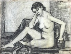 Vintage 1937 Academic Female Nude Charcoal Drawing "Head in Hand" UC Berkeley