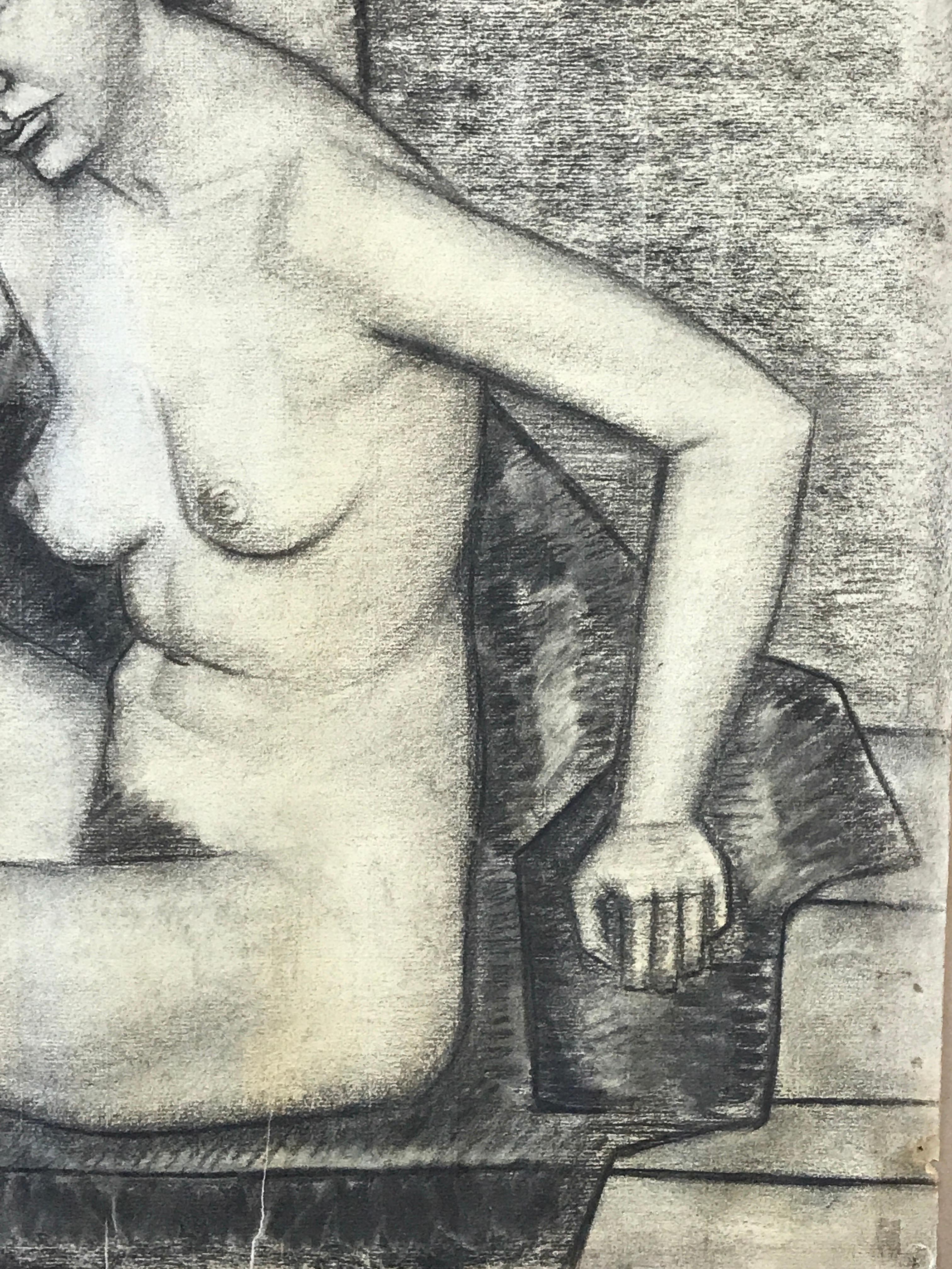 1937 Academic Female Nude Charcoal Drawing 