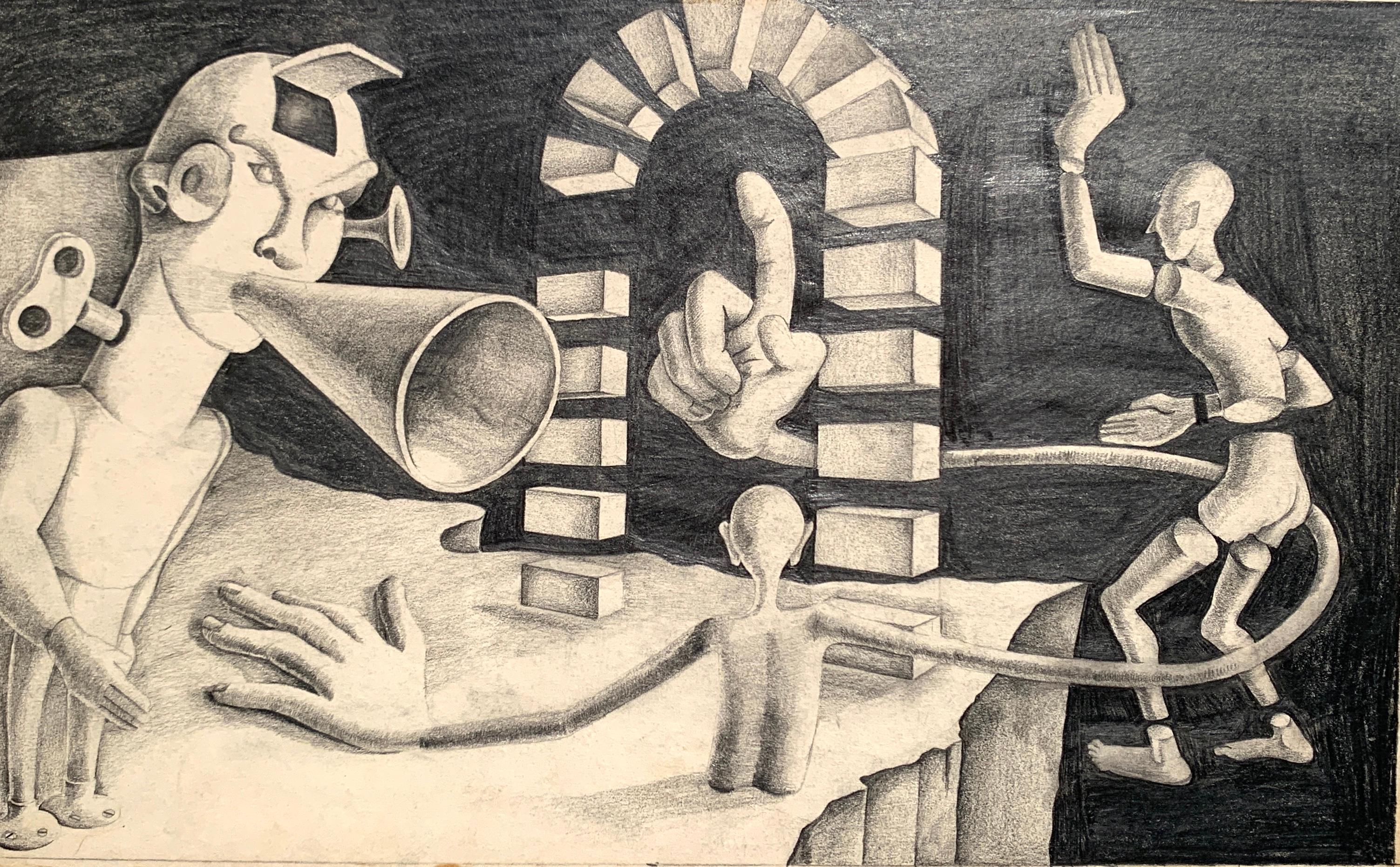1940s "Toy Story" Charcoal and Pencil Surreal Drawing 