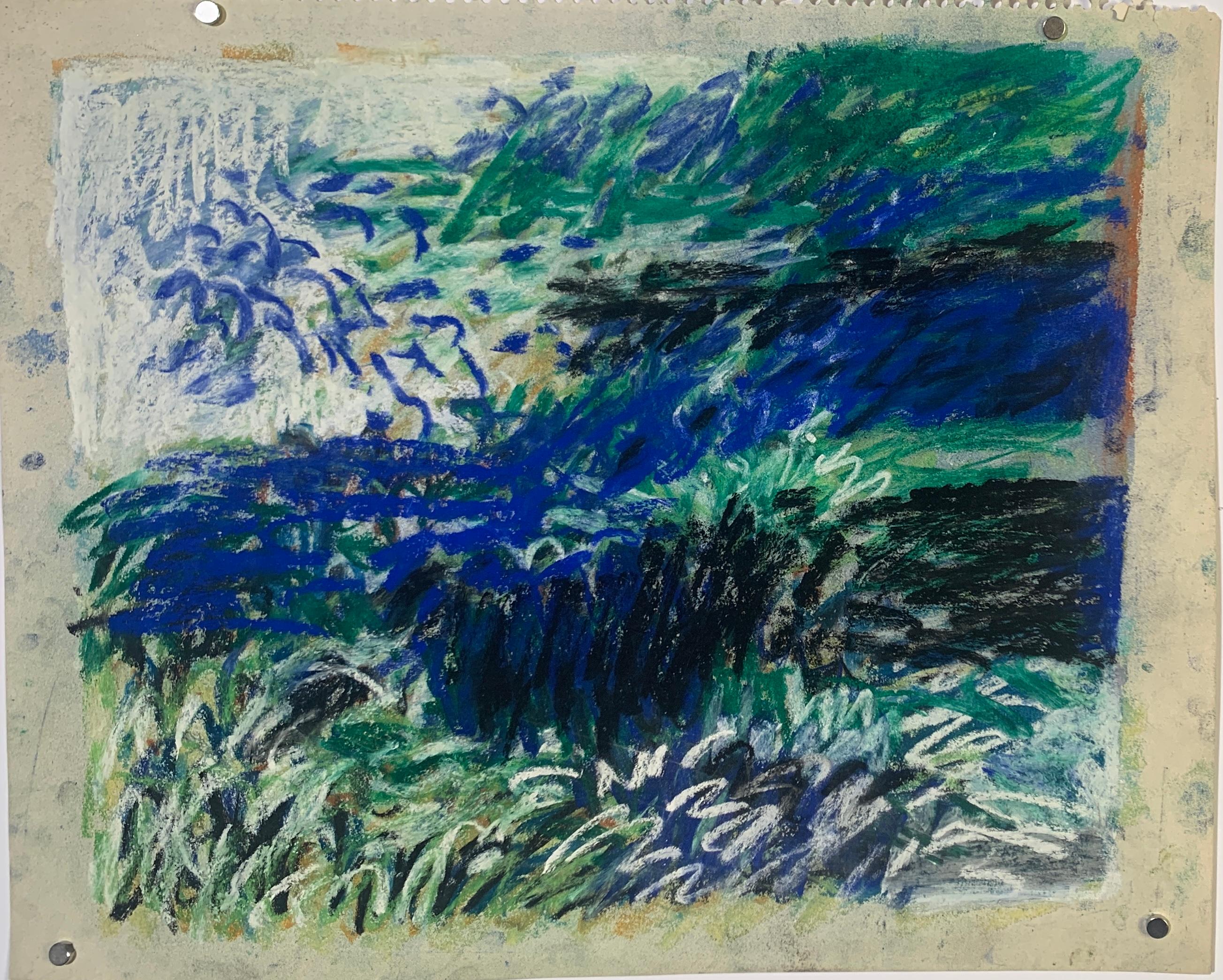 "Pastel Landscape in Blues 2" Original Impressionist Landscape Drawing