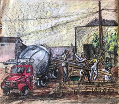 Vintage 1964 Original Pastel Watercolor Drawing Construction Workers SF Red Green Black 