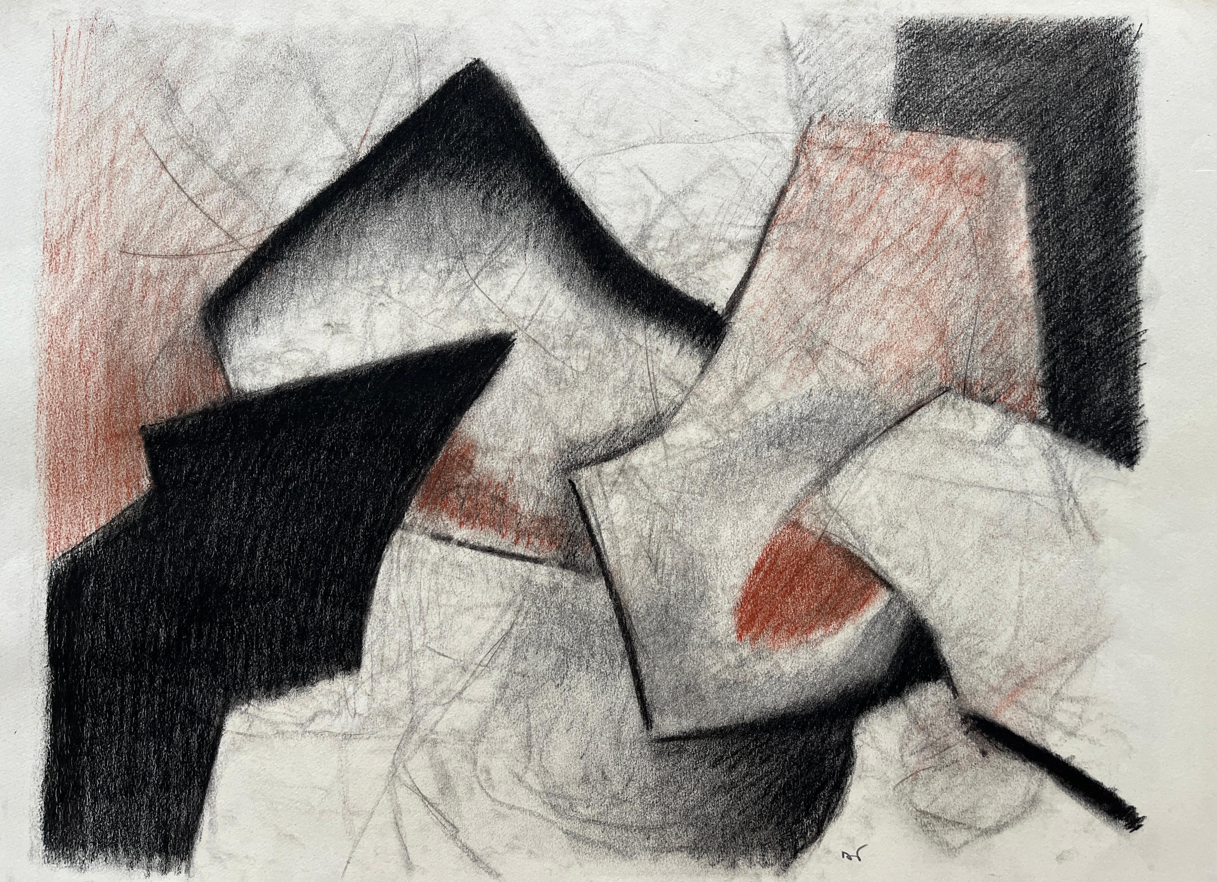 Dessin abstrait au pastel doux "Rouille et noir" des années 1980