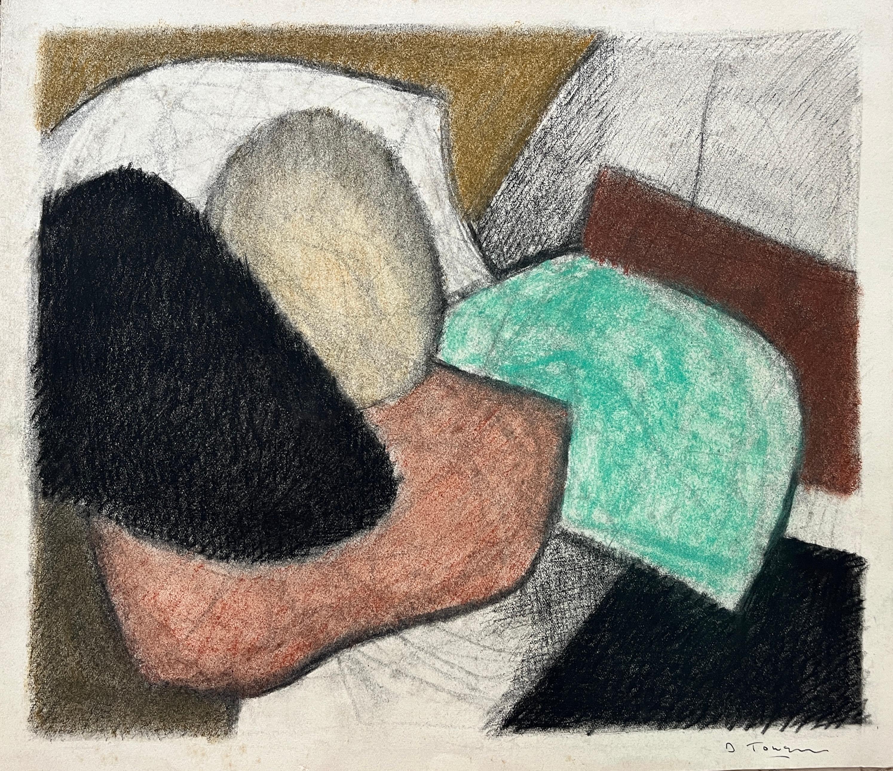 Disegno astratto a pastello morbido del 1980 "Menta, Arancione, Giallo, Nero