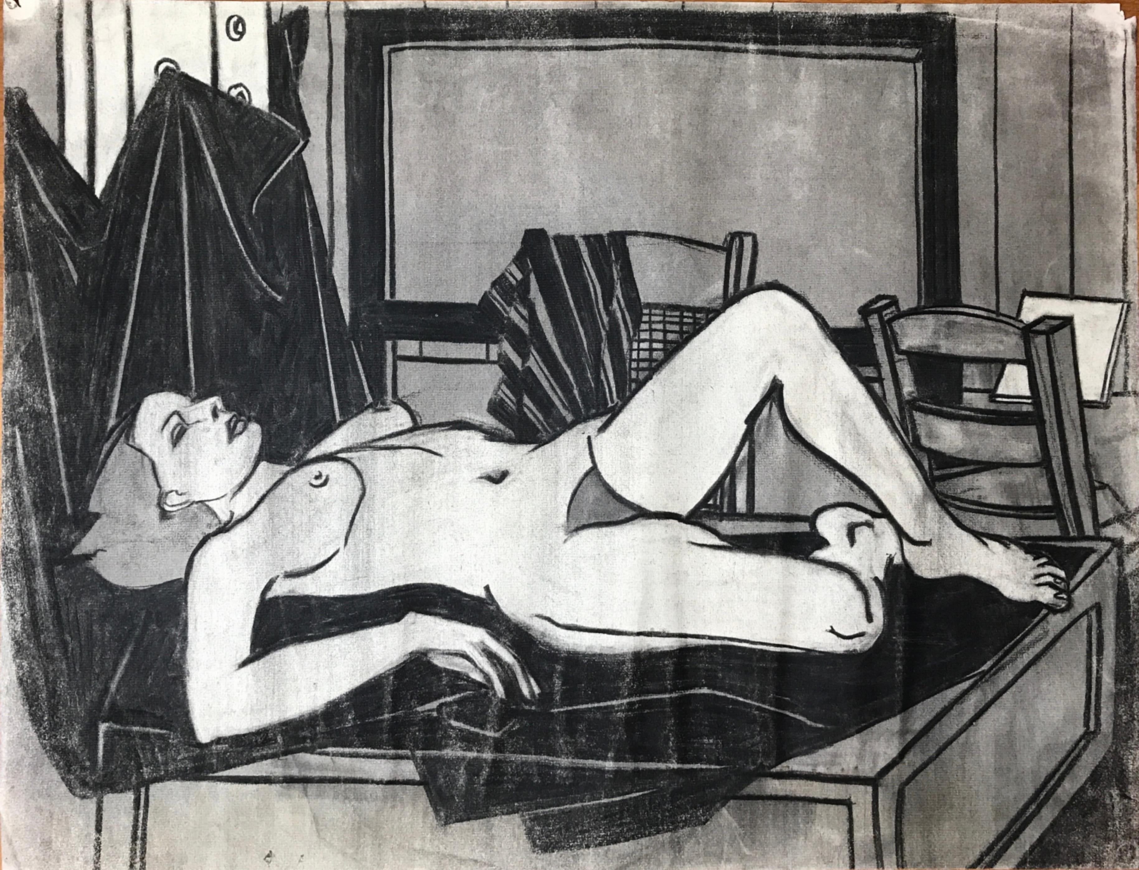 „Lounging Nude“ Holzkohle-Aktzeichnung, Bay Area Artist, 1940er Jahre