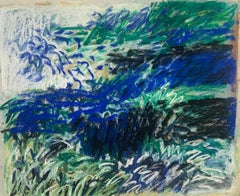 "Pastel Landscape in Blues 2" Original Impressionist Landscape Drawing