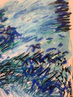 "Pastel Landscape in Blues" Mid Century Impressionist Landscape Drawing