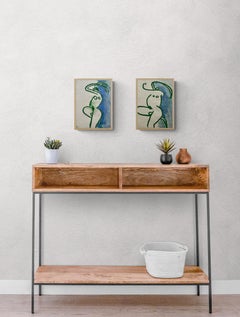 Mid-Century "Green & Blue Nude" Oil Pastel Drawing