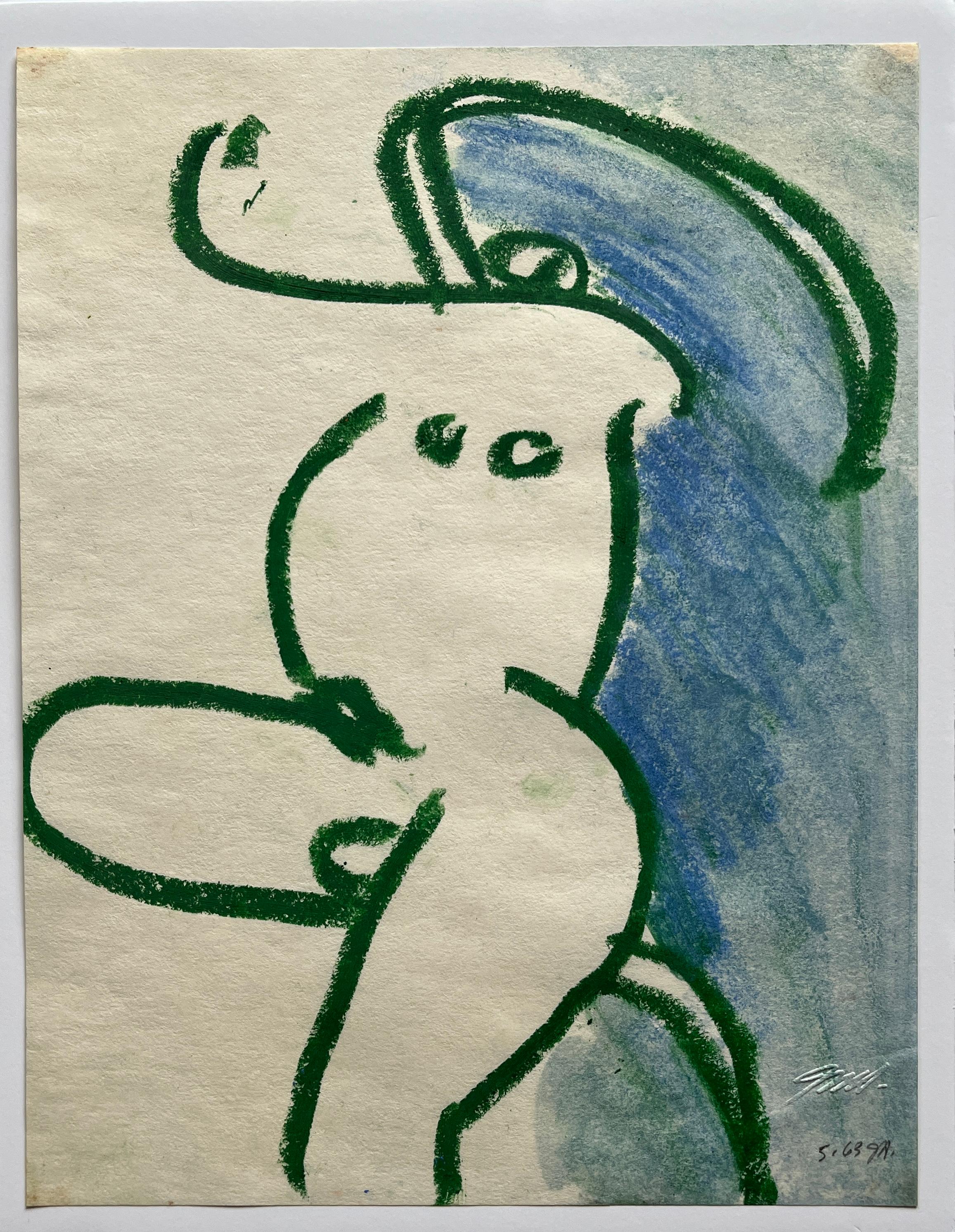 Jack Hooper Nude – Mitte des Jahrhunderts ""Grüner und blauer Akt"" Öl-Pastell-Zeichnung