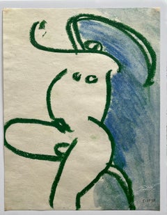 Mid-Century "Green & Blue Nude" Oil Pastel Drawing