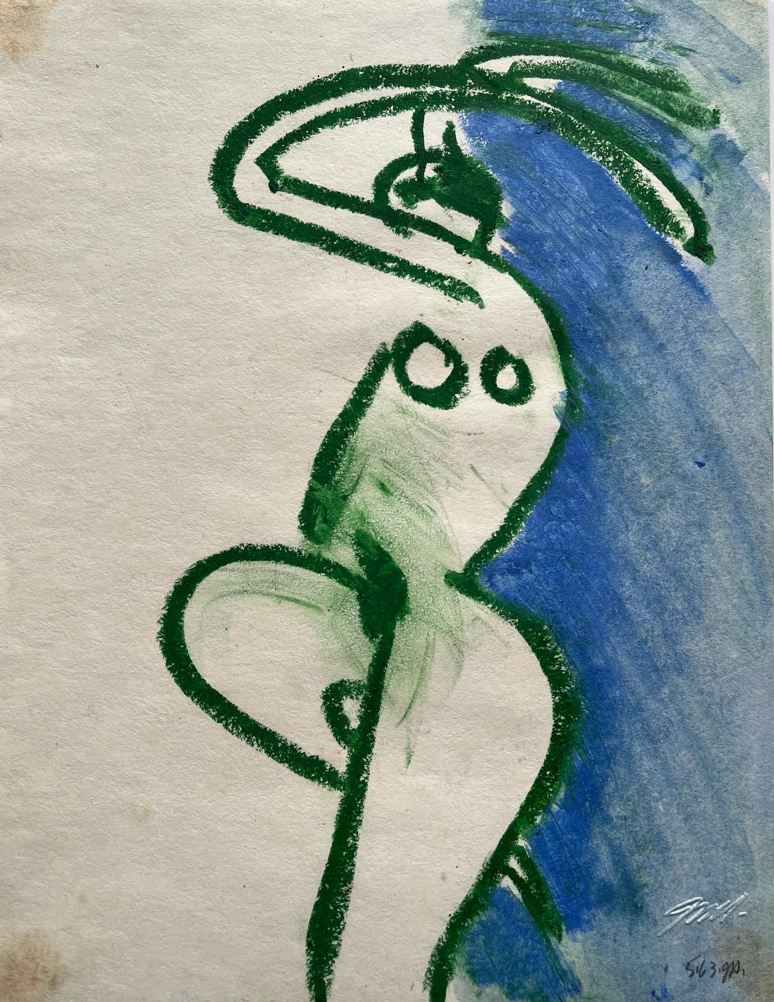 Ölpastell-Zeichnung „Green & Blue Nude II“, Mid-Century
