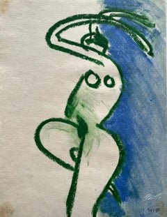 Mid-Century "Green & Blue Nude II" Oil Pastel Drawing