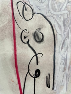 Mid-Century "Red Line Nude" Mixed Media Drawing