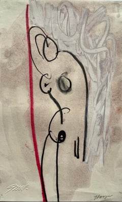 Mid-Century "Red Line Nude" Mixed Media Drawing