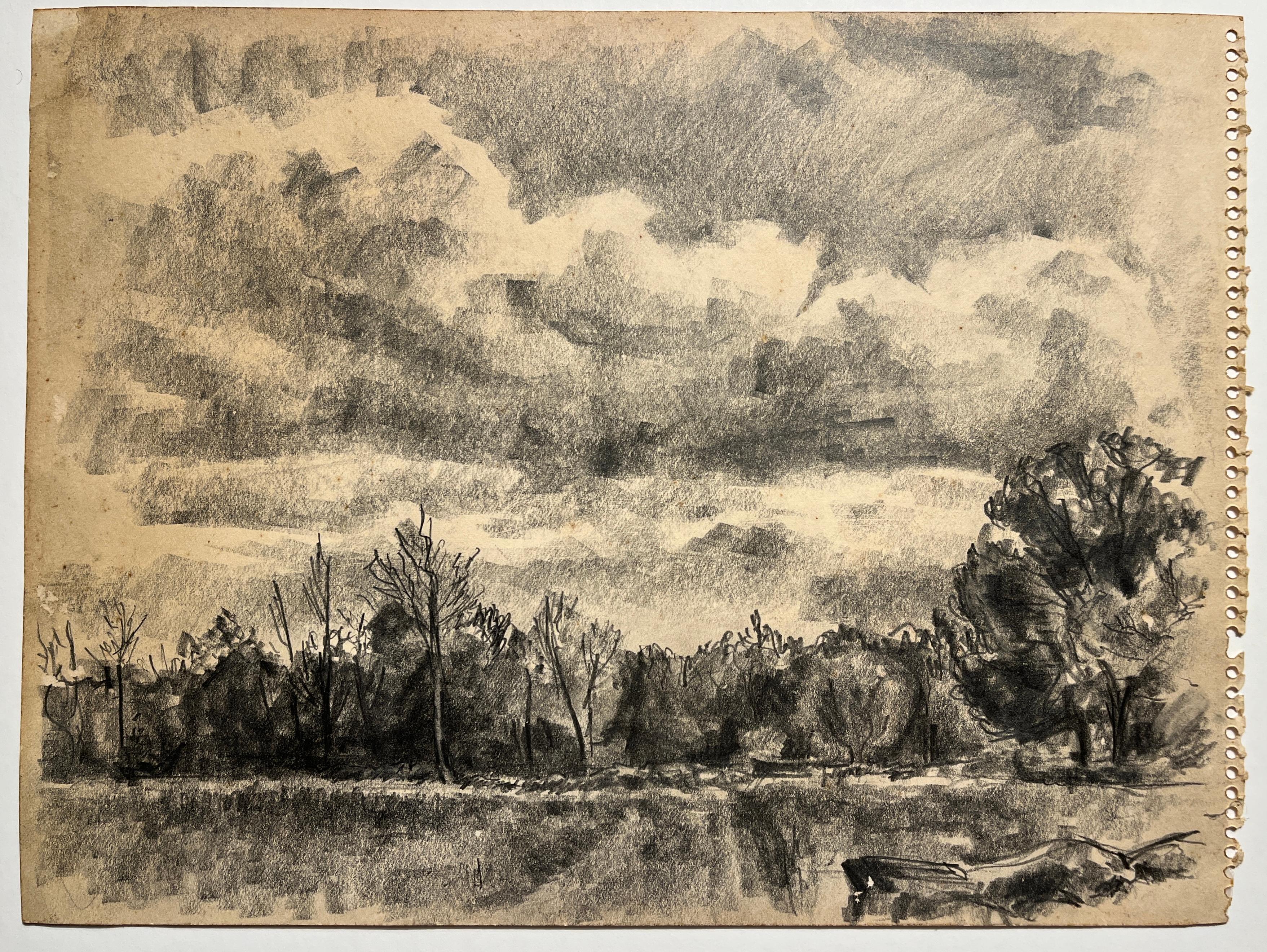 Unknown Landscape Art - "Charcoal and Pencil Country Landscape" Drawing