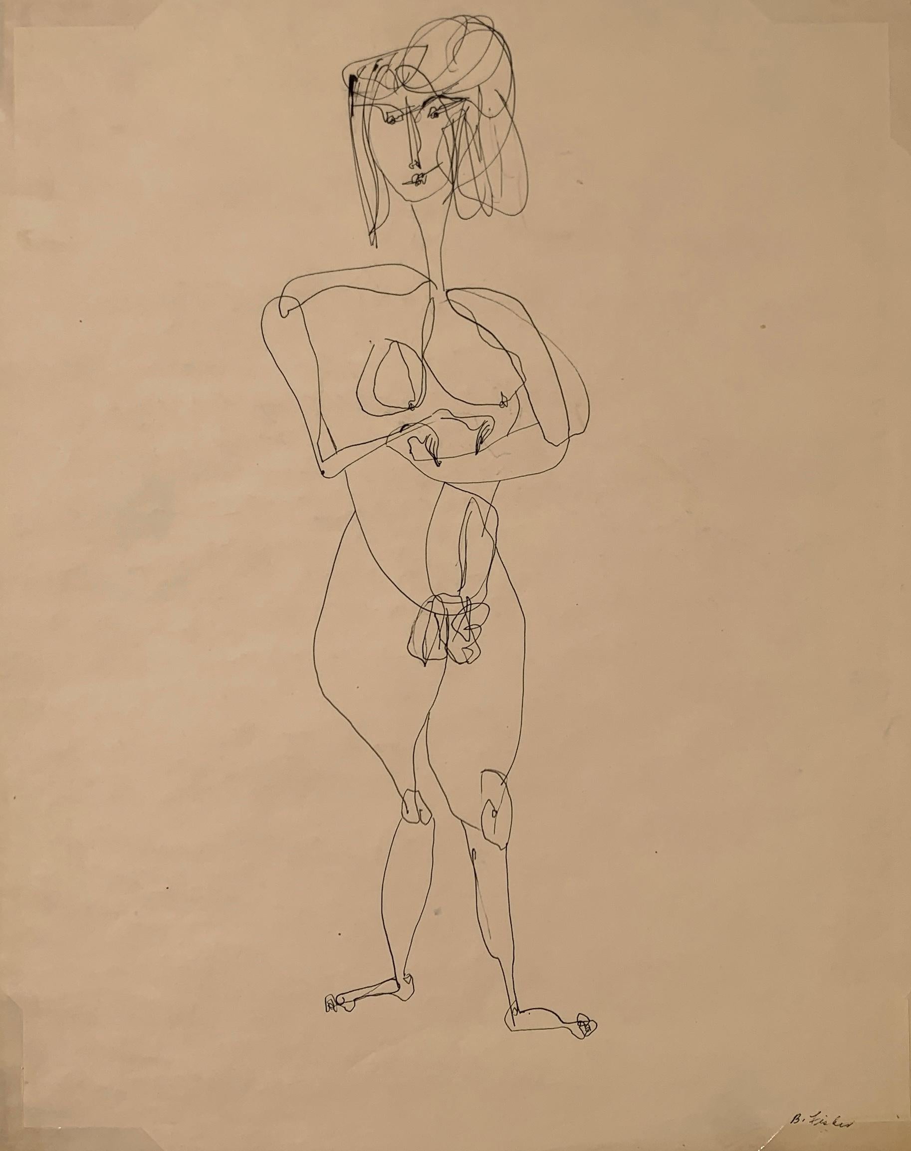 Figurative Art de Bearnice FIsher - Dibujo figurativo a tinta "Contorno desnudo" de mediados de siglo