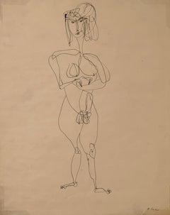 Mid Century "Contour Nude" Figurative Ink Drawing