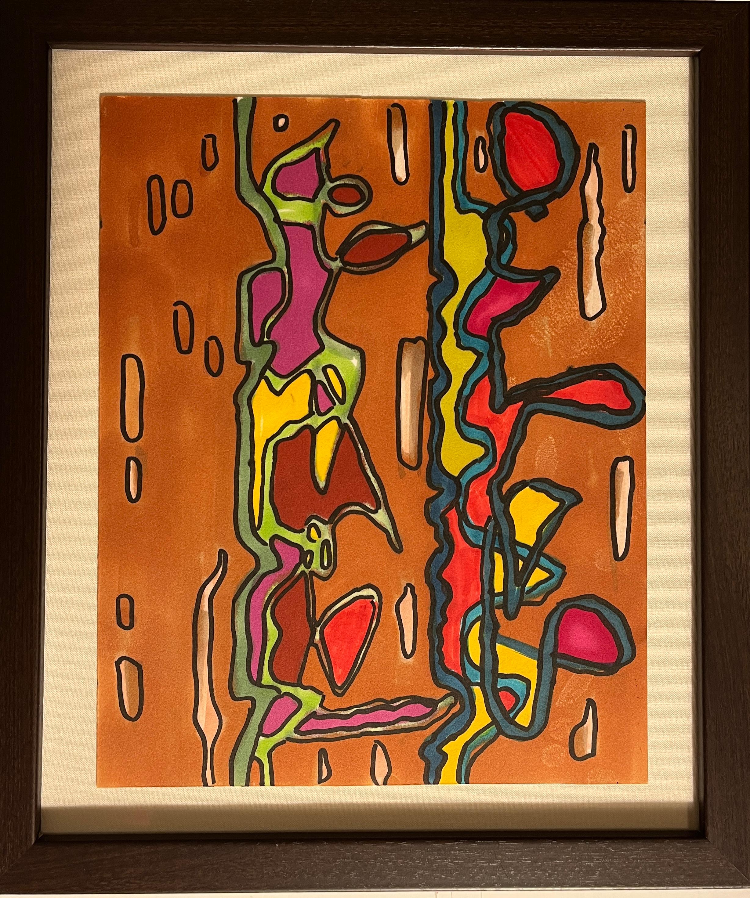 Abstract Drawing John Peters - Dessin abstrait au marqueur "Brown DNA" des années 1980