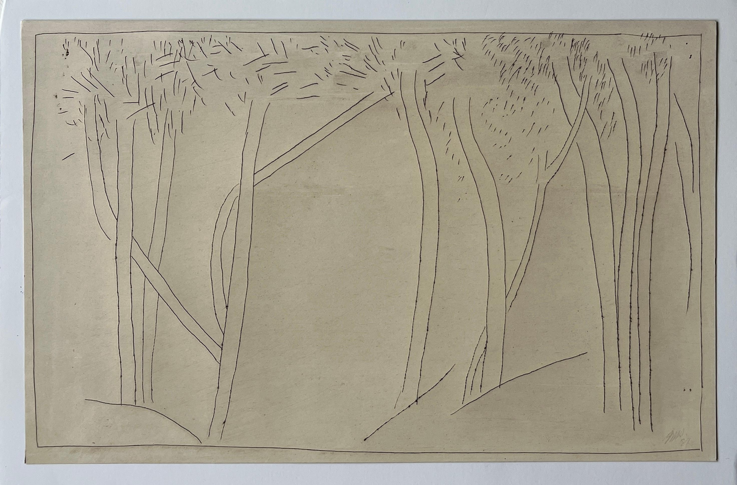 Dessin abstrait à l'encre Tree Landscape de Jack Hooper, moderniste américain, 1981 en vente 1