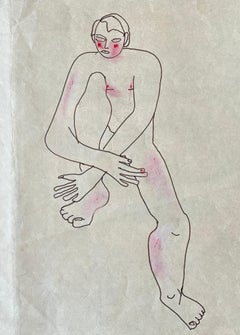 Vintage "Pink Cheeks" American Modernist Robert Gilberg 1950 Ink and Pastel Nude Drawing